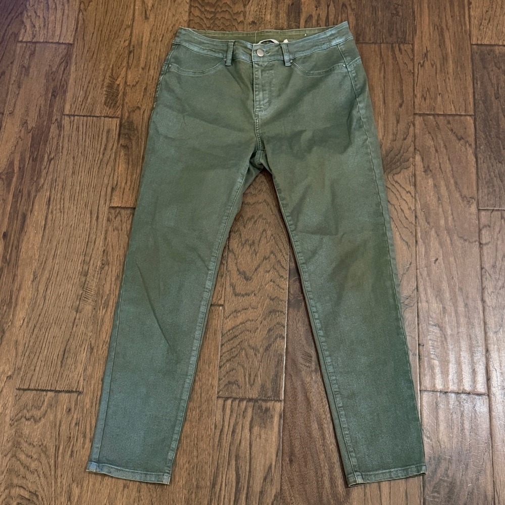 Soft Surroundings Straight Leg Jeans Womens 8 Olive Green Coated Metallic Finish